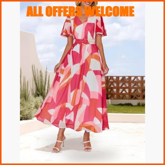 Floral V-Neck Midi Dress with Removable Belt, Polyester Fabric - Picture 3 of 7